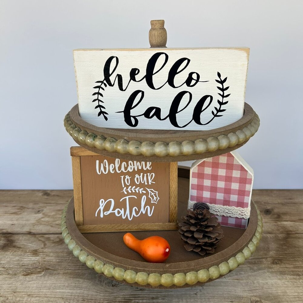 Handmade Hello Fall Tiered Tray/ Shelf Sitter Decor, Pumpkin, Fall, Gourd